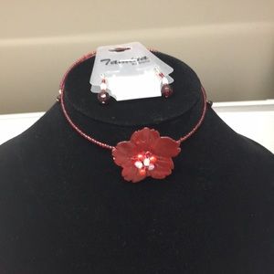 Red choker necklace & beaded earrings.